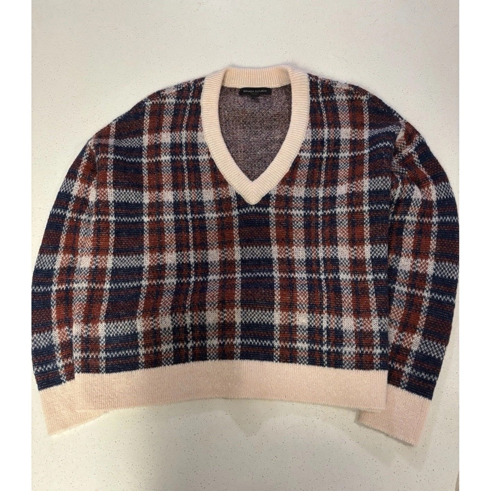 Banana Republic Plaid Wool Blend V-neck Women's Sweater Size XS